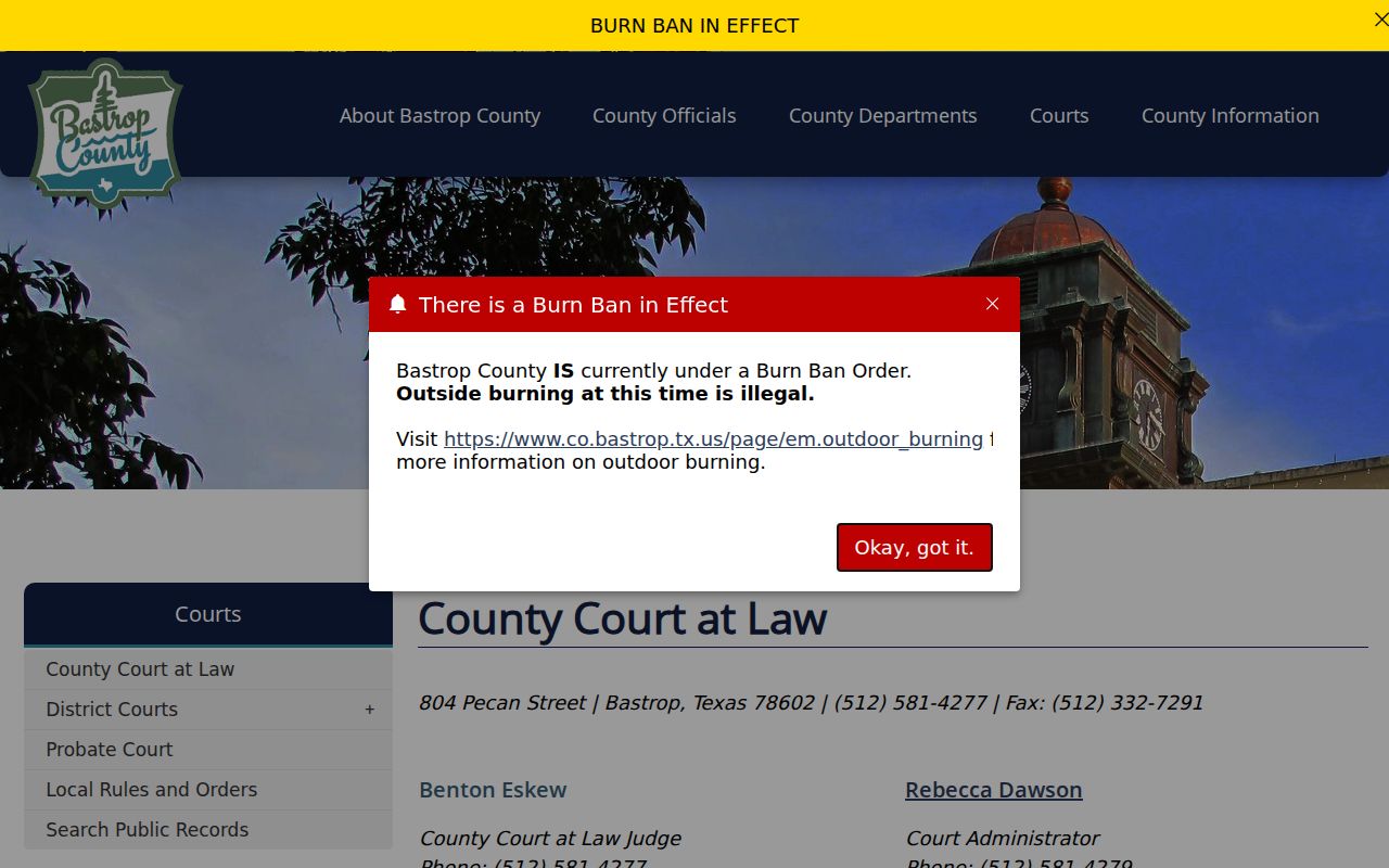 Bastrop County criminal docket County Court at Law information