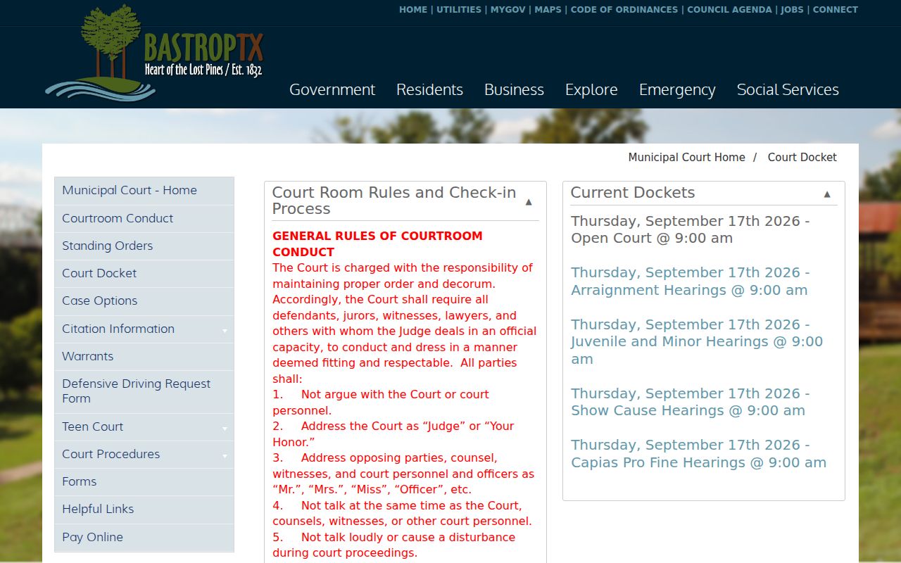 Bastrop court docket page and municipal clerk location