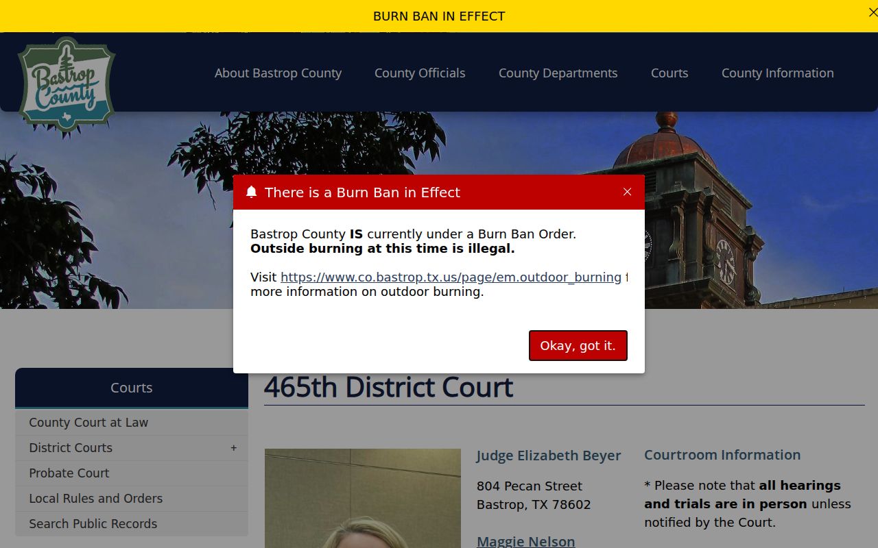 Bastrop County court dates and 465th District Court hearing notice