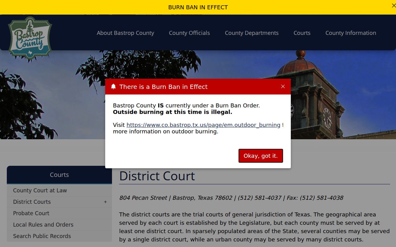 Bastrop County page listing four district courts
